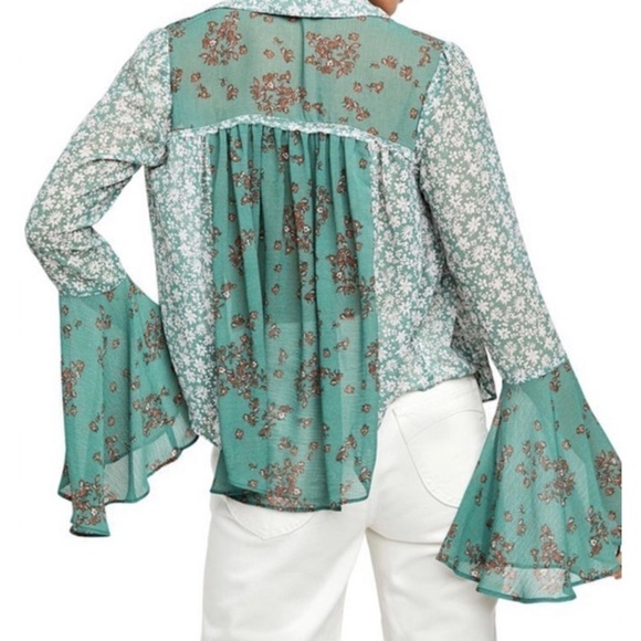 NWT FREE PEOPLE Green Floral Print Blouse Small - Picture 2 of 5